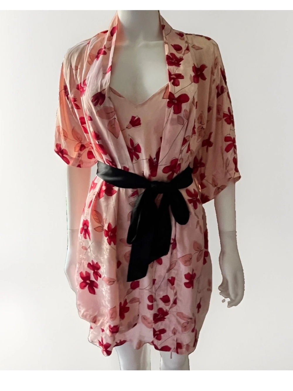 Vintage August Silk Intimates 100% Silk Kimono Robe & Night Gown Slip Set Large